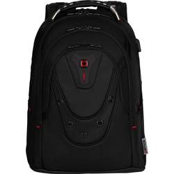 Black Wenger 606493 Ibex Deluxe Laptop Backpack features a sleek design, padded compartments, adjustable straps, and red accents, accommodating laptops up to 15.6 inches.