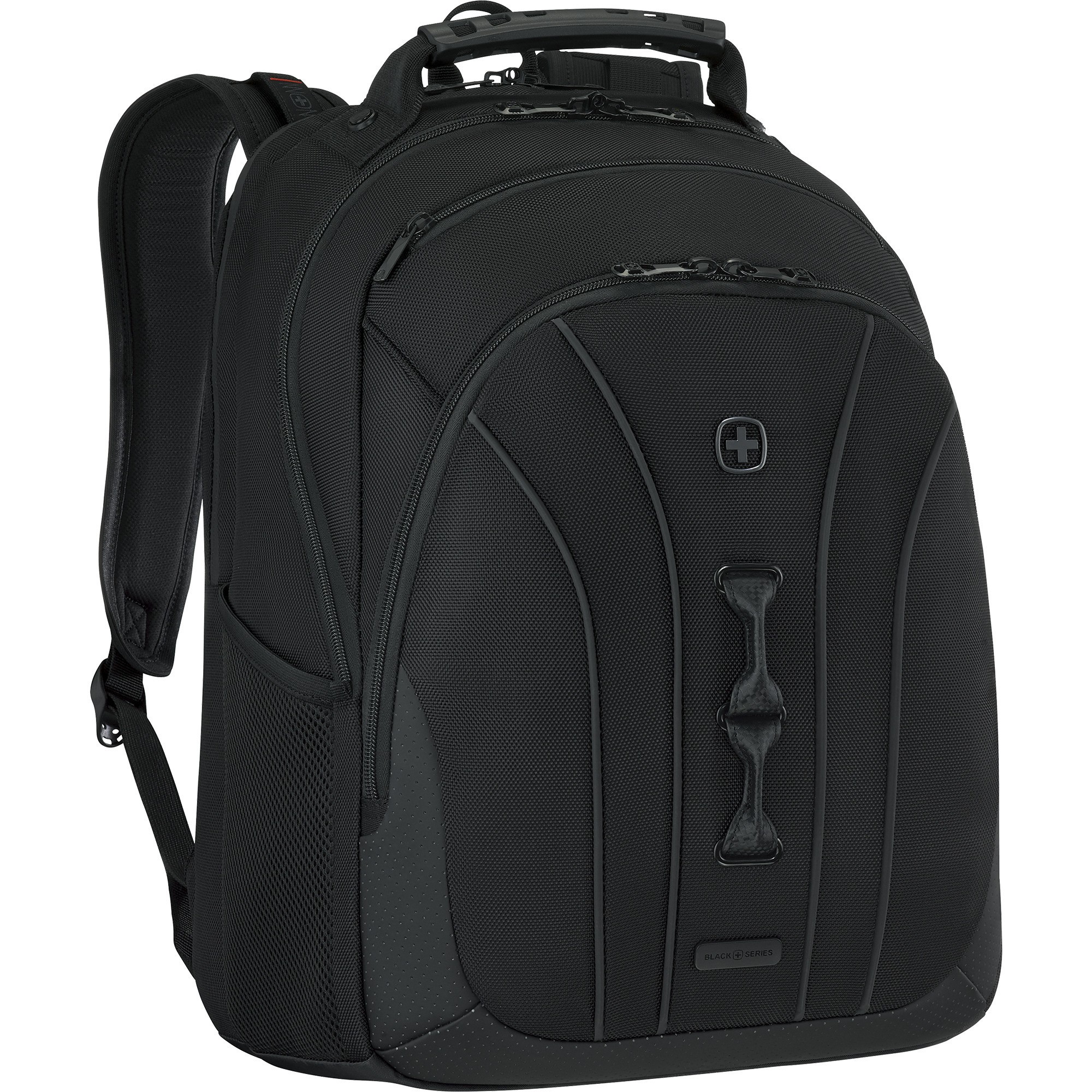 Black Wenger/SwissGear Legacy backpack featuring a sleek design, padded shoulder straps, multiple compartments, and a durable fabric finish, measuring 40.6 cm (16 inches).