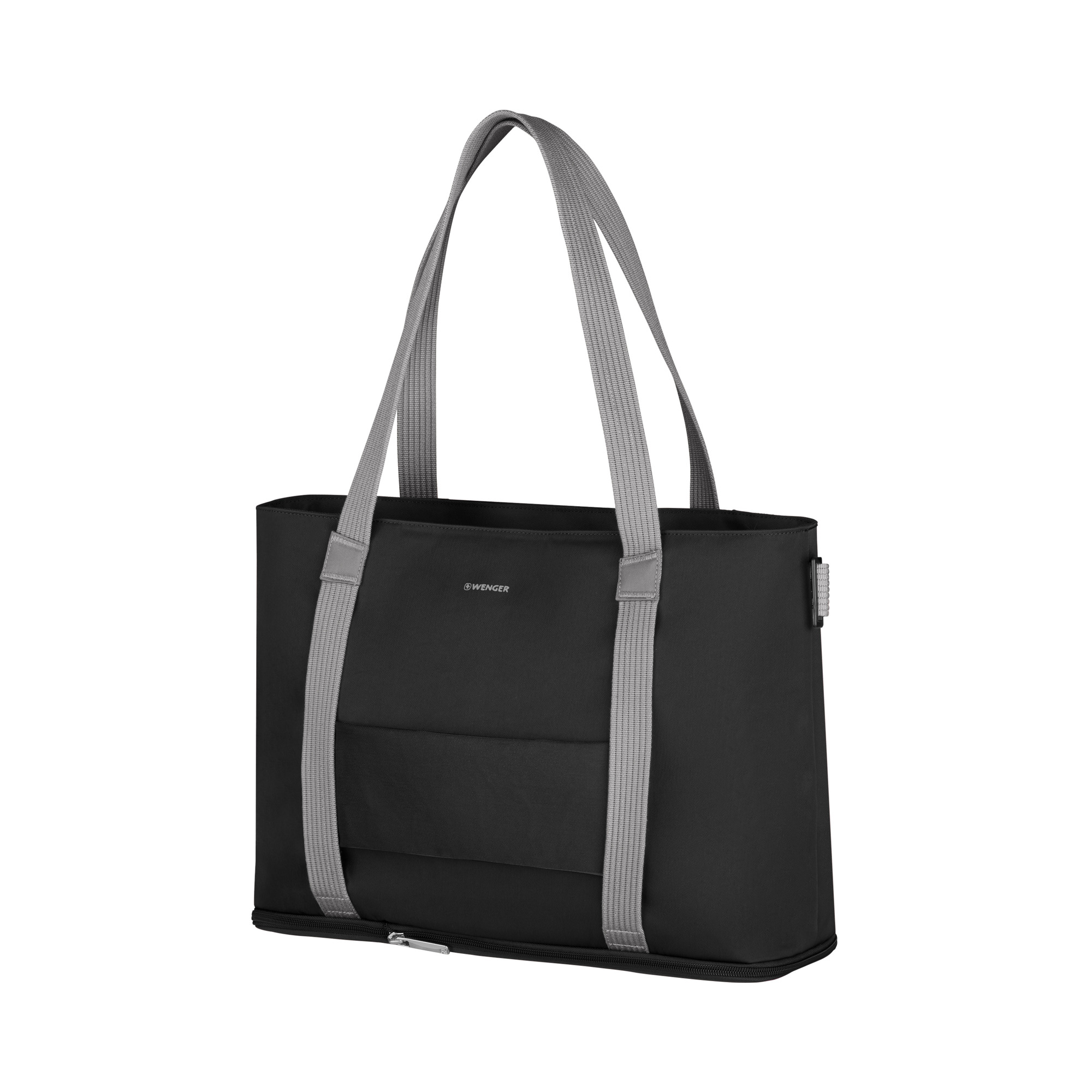 Black Wenger 612543 Motion Deluxe Tote Laptop Bag with gray straps, featuring a spacious main compartment and a sleek, minimalist design suitable for a 15" laptop.
