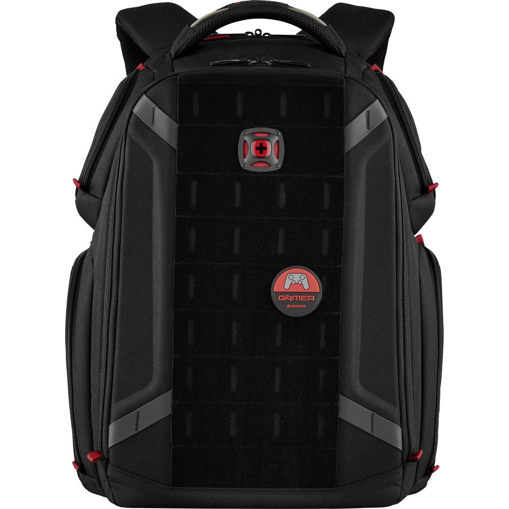 Black Wenger 611650 PlayerOne backpack features a padded back, adjustable straps, red accents, and a gaming-themed emblem, designed for laptops up to 17.3 inches.