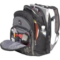 Grey Wenger Swiss Gear Synergy 16" laptop backpack featuring multiple compartments, padded straps, and a front pocket for organization, with a water bottle holder on the side.