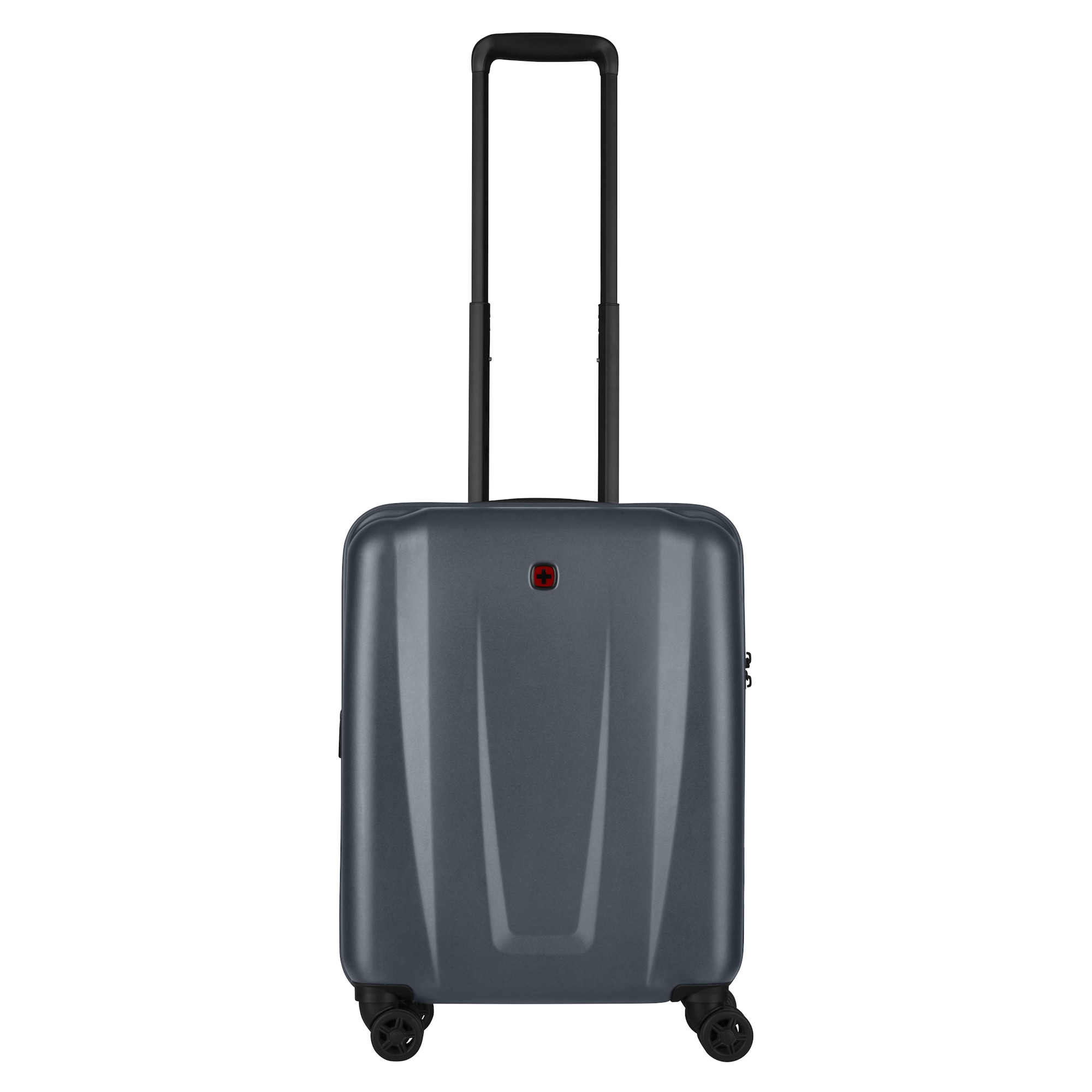 Grey hard-shell trolley suitcase with a sleek design, made of ABS and polycarbonate, featuring a retractable handle and four wheels for easy maneuverability.
