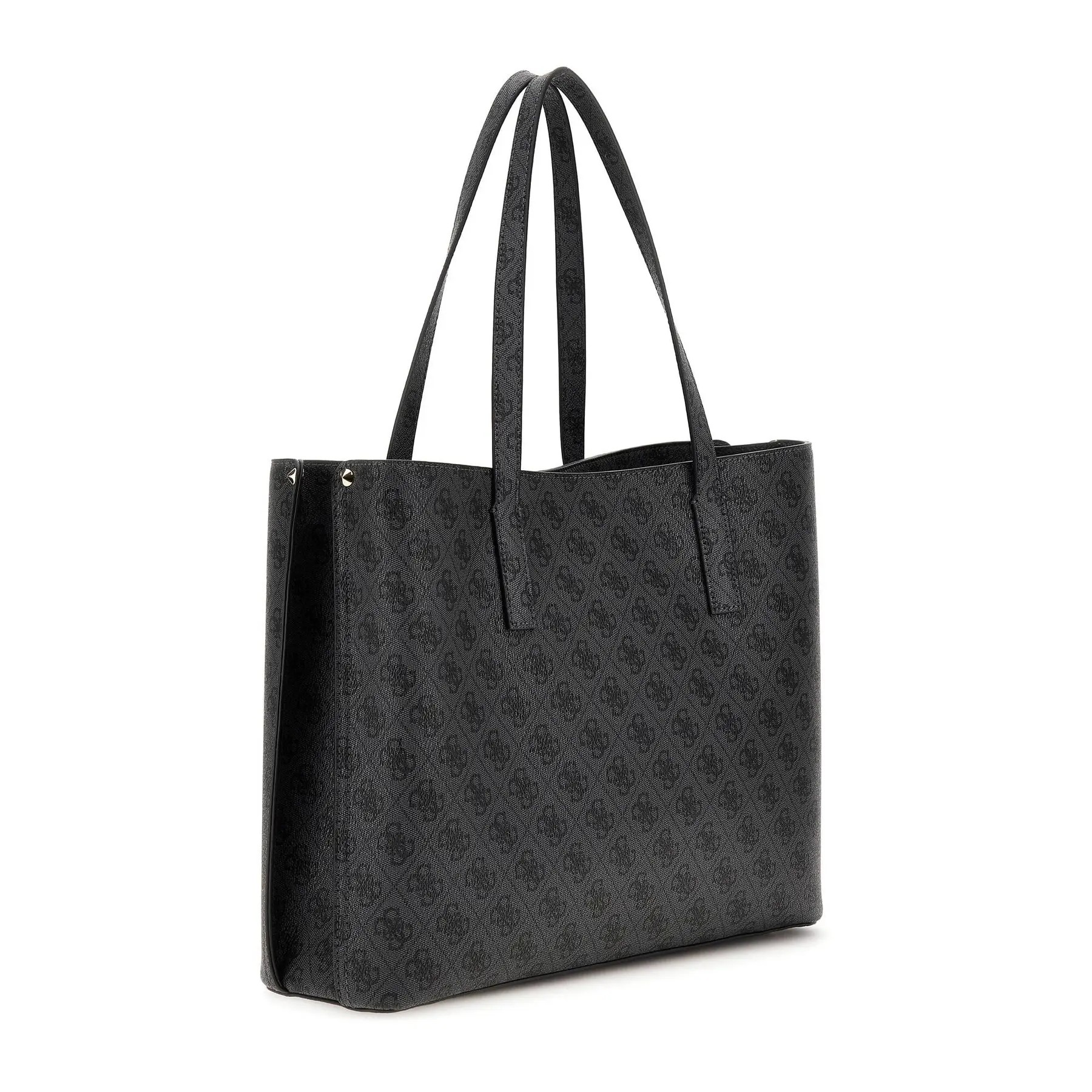 Spacious black faux leather shoulder bag by Guess, featuring a subtle logo pattern, dual handles, and a sleek, modern design.
