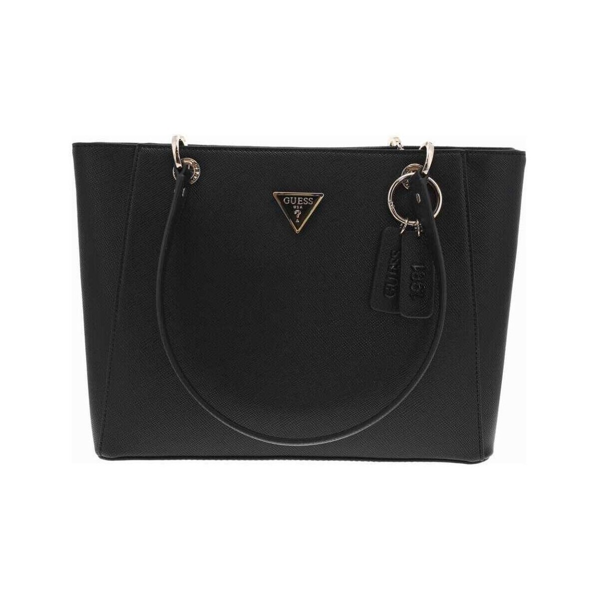 Black synthetic tote bag by Guess, featuring a gold triangular logo, dual top handles, and a detachable keychain tag.