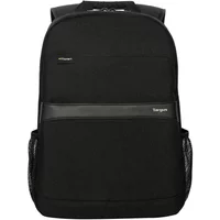Black Targus GeoLite EcoSmart backpack with front pocket, side mesh pockets, and padded shoulder straps.