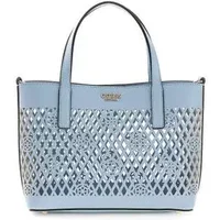 Light blue Guess Letty tote bag with cut-out diamond pattern and dual handles.