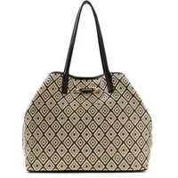 Beige and black Guess Sophia handbag with diamond pattern and dual black handles.