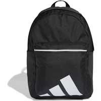 Black Adidas backpack with white front pocket zipper and large white logo on lower front.