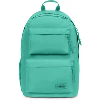 Teal Eastpak DBL backpack with front zip pockets, top handle, and padded shoulder straps.