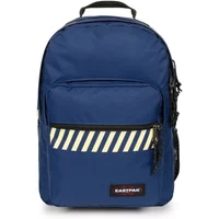 Blue Eastpak Morius backpack with front zip pocket, diagonal stripe detail, and top handle.