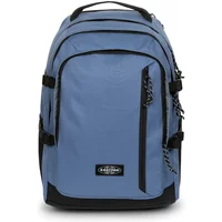 Blue Eastpak backpack with multiple compartments, black accents, and a front logo patch.