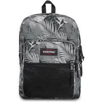 Gray Eastpak Pinnacle backpack with black tropical leaf print, dual compartments, front mesh pocket, and top handle.
