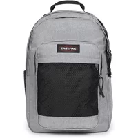 Gray Eastpak backpack with black mesh front pocket, top handle, and zippered compartments.