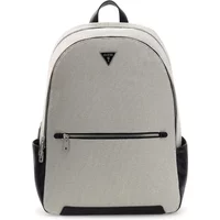 Beige Guess Torino backpack with black accents, front zipper pocket, and top handle.