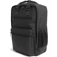 Black Lyle & Scott weather-resistant backpack with dual top handles, front zip pocket, and side mesh pocket.