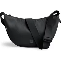 Black Got Bag Moon Bag with a curved shape, adjustable wide strap, and subtle logo on the front.
