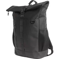 Black Lyle & Scott weather-resistant backpack with roll-top closure, front zipper pocket, and adjustable shoulder straps.