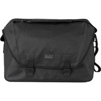 Black Brompton Metro Messenger bag, waterproof, 20L capacity, with flap closure, two buckles, and adjustable shoulder strap.