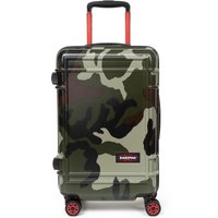 Camo Eastpak cabin trolley spinner suitcase with red handles and wheels, measuring 55x35x23 cm.