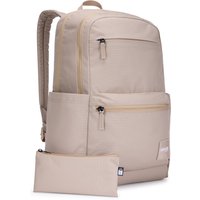 Beige Case Logic backpack with multiple zippered compartments and matching pouch, featuring padded straps and sleek design.