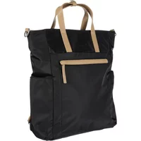 Convertible women's backpack Greenpoint, black fabric with tan handles, front zip pocket, and side compartments.