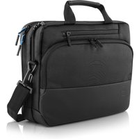 Black Dell Pro Briefcase 15 with padded handle, front zipper pocket, and adjustable shoulder strap.