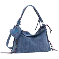 Denim crossbody bag with heart charm, colorful stitching, and adjustable strap by Desigual Torio Leiria.