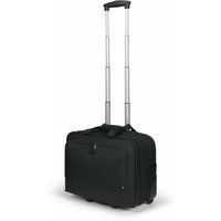 Black Dicota trolley laptop case with telescopic handle and multiple compartments, fits 17.3" devices.