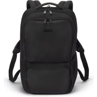 Black Dicota backpack with multiple compartments, padded straps, and recycled polyester material.