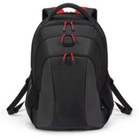 Black and red Dicota D32119-RPET backpack with red accents, made from recycled polyester, featuring multiple compartments.