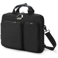 Black Dicota laptop briefcase with dual front zip pockets, padded handles, and detachable shoulder strap.