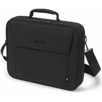 Black Dicota Eco Multi BASE 17.3" briefcase with handle, shoulder strap, and front pocket.