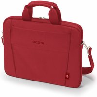 Red Dicota Eco Slim Case BASE briefcase, 14.1", with top handles, front pocket, and detachable shoulder strap.