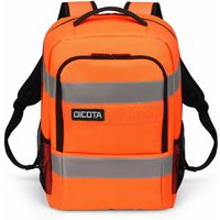 Black, grey, and orange Dicota backpack with reflective stripes and multiple compartments, made from recycled rPET.