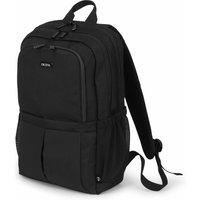 Black Dicota SCALE 15.6" backpack with multiple compartments, front pocket, and padded shoulder straps.