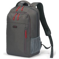 Grey Dicota SPIN II backpack in PET with red zippers, front pocket, side mesh pocket, and padded shoulder straps.