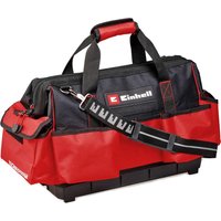 Red and black Einhell E-Case stackable tool bag with shoulder strap, side pockets, and reinforced handles.
