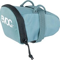 Blue Evoc 0.3L seat bag with black zipper, star logo, and adjustable straps for bike attachment.