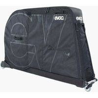 Black Evoc Bike Bag Pro with large logo, sturdy wheels, and reinforced handles for bike transport.