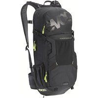 Black Evoc FR Enduro backpack with protector, green zippers, multiple compartments, and padded shoulder straps.