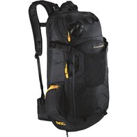 Black Evoc FR Freeride Trail Protector backpack with yellow zippers, padded straps, and multiple compartments.