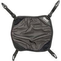 Black Evoc helmet holder with adjustable straps and clips, designed for attaching to Evoc backpacks.