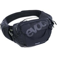 Black EVOC hip pack with adjustable strap, zippered pockets, and 1.5L hydration bladder.