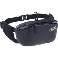 Black Evoc hip pouch with adjustable strap, waterproof zippers, and Evoc logo on the front.