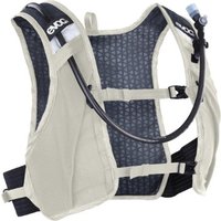 Beige Evoc hydration backpack with black straps, blue-tipped drinking tube, and mesh back panel.