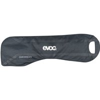 Black EVOC MTB chain cover with white logo, elongated shape, and reinforced edges.