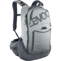 Gray Evoc Trail Pro Protector 16L backpack with large logo, multiple zippered compartments, and padded shoulder straps.