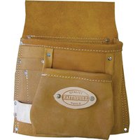 Faithfull leather tool and nail pouch, tan color, multiple pockets, reinforced stitching, metal rivets, branded logo patch.