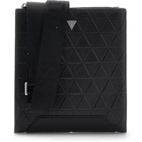 Black Guess Torino flat shoulder bag with embossed triangle pattern and adjustable strap.