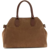 Brown Guess Liza handbag with dual handles, suede texture, and subtle logo embossing.